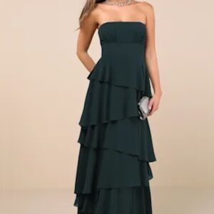 Lulus Gorgeous Essence Emerald Strapless Tiered Maxi Dress